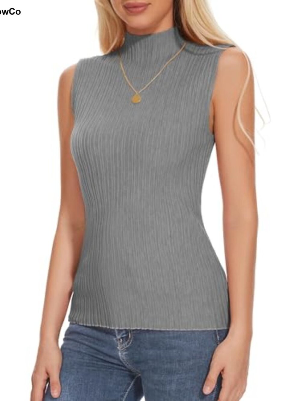 Womens Textured Mock Neck Sleeveless Tank Top Slim Fit Ribbed Vest